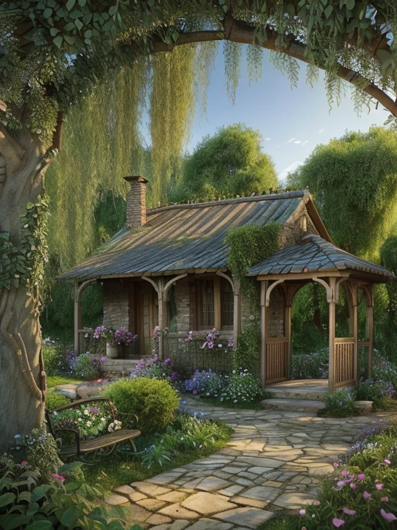 Butterfly garden, flowering bed with mushrooms and overgrown vines, stone curved pathway leading to an ((aged whimsical cottage with bench swing on porch)), ((night)), background wall along the horizon with vines climbing up it, tall ((old willow tree with flower and vines coming down)), hyper realistic, 4K rendering, realism, high quality, super realistic, cottage core