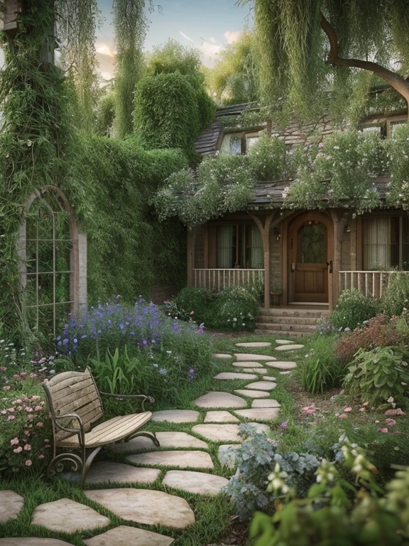 Butterfly garden, flowering bed with mushrooms and overgrown vines, stone curved pathway leading to an ((aged whimsical cottage with bench swing on porch)), ((night)), background wall along the horizon with vines climbing up it, tall ((old willow tree with flower and vines coming down)), hyper realistic, 4K rendering, realism, high quality, super realistic, cottage core