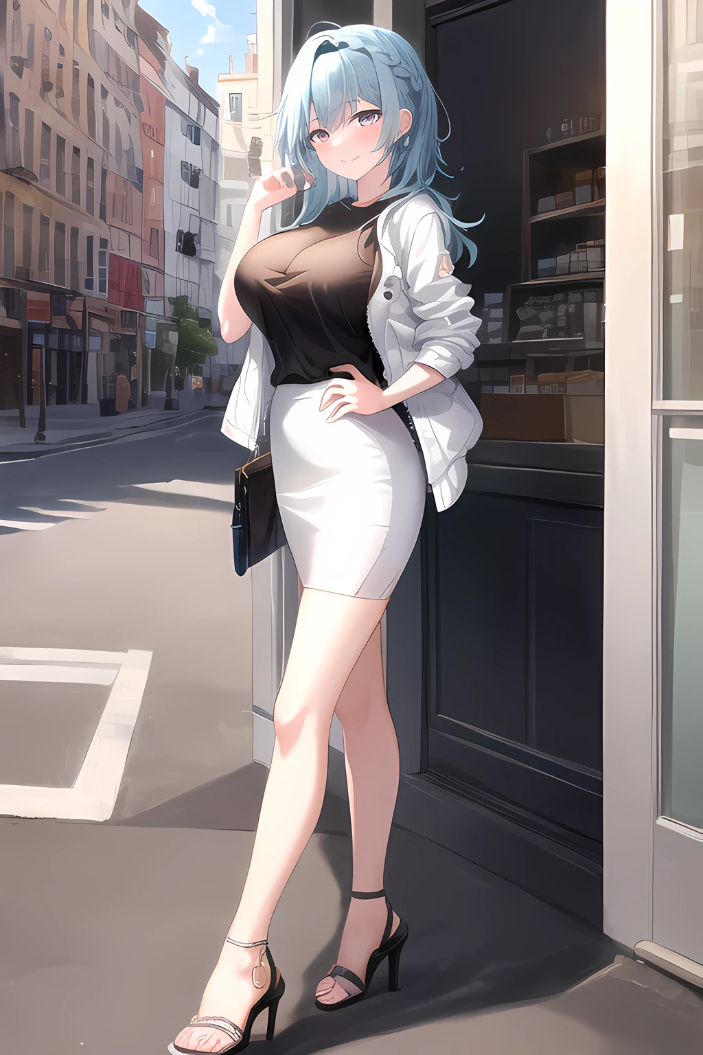 Eula, (solo), (beautiful face), (anime street sidewalk setting), (Anime illustration), ((detailed shadows)), (detailed street), daytime, sunlight, bright, shop, (detailed lighting), detailed eyes, (dramatic chiaroscuro), ((Masterpiece)), ((perfect detailed hands)), ((intricate detail)), (flowing hair), (light blue hair), (long hair:1.2), ((straight hair)), (french braid:1.2), ((detailed hair)), (((smooth skin))), HD wallpaper, UHD image, (expressive eyes:1.2), (huge breast:1.2), blushing, smiling), (black shirt:1.3), (small white opened jacket:1.3), (white pencil skirt:1.2), standing, (bare legs:1.2), brown sandal high heels, carrying purse bag, black hair band