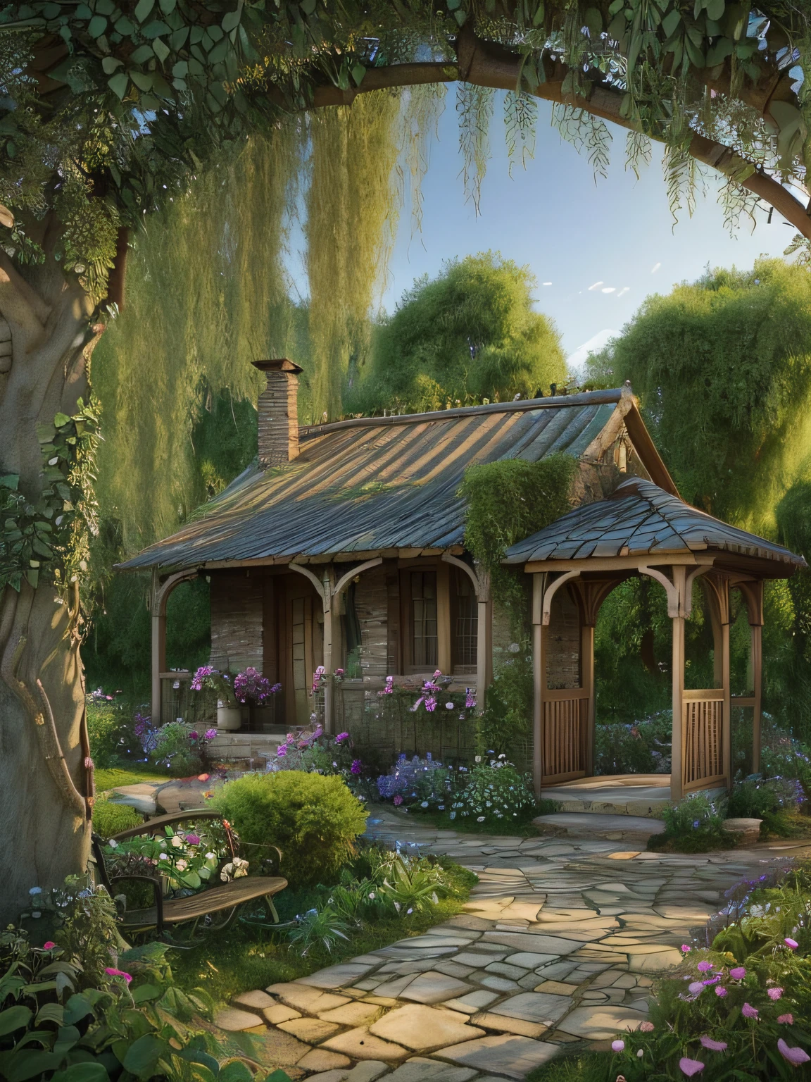 Butterfly garden, flowering bed with mushrooms and overgrown vines, stone curved pathway leading to an ((aged whimsical cottage with bench swing on porch)), ((night)), background wall along the horizon with vines climbing up it, tall ((old willow tree with flower and vines coming down)), hyper realistic, 4K rendering, realism, high quality, super realistic, cottage core