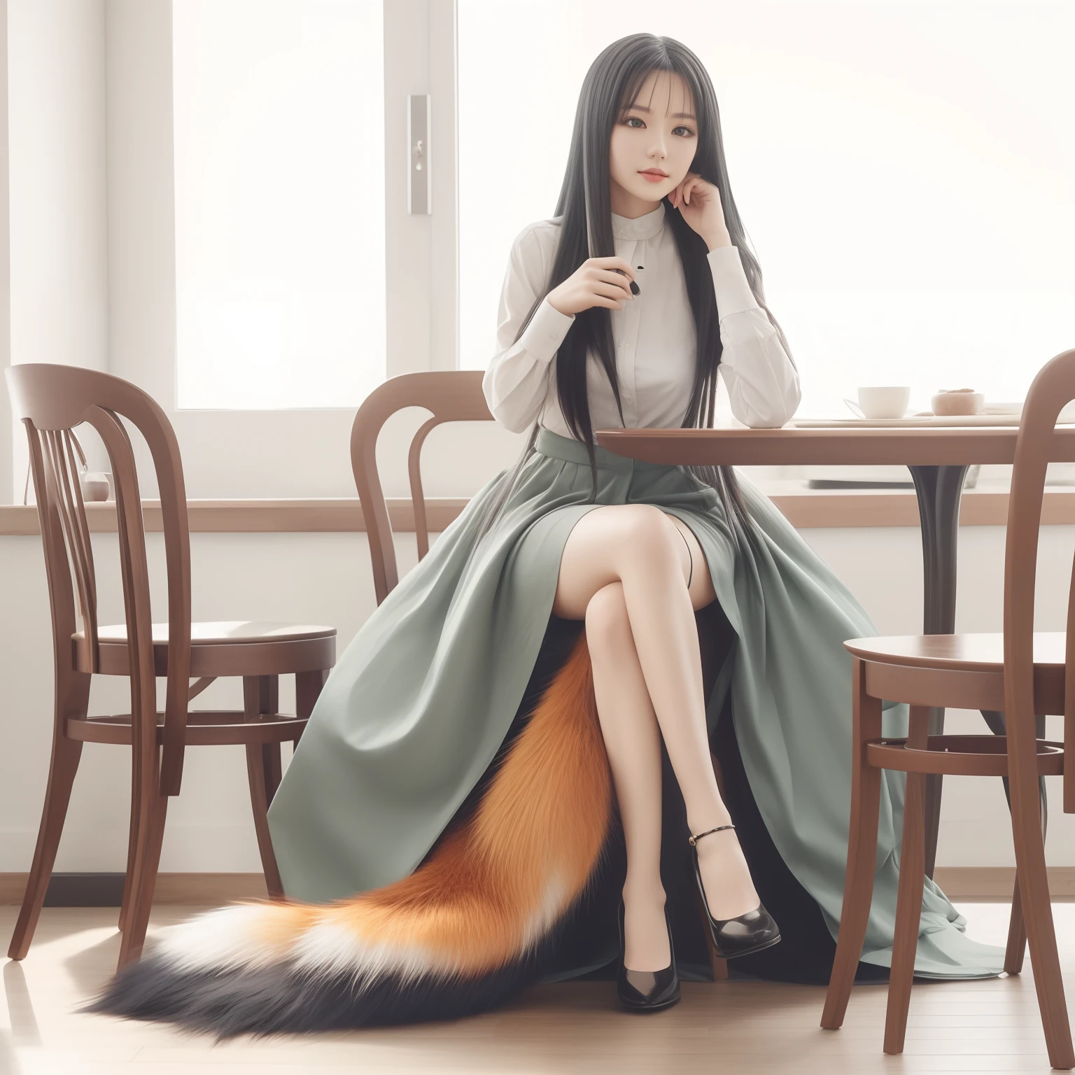 Long black-haired woman sitting at table with fox tail, Bushy tail, a picture, top-quality