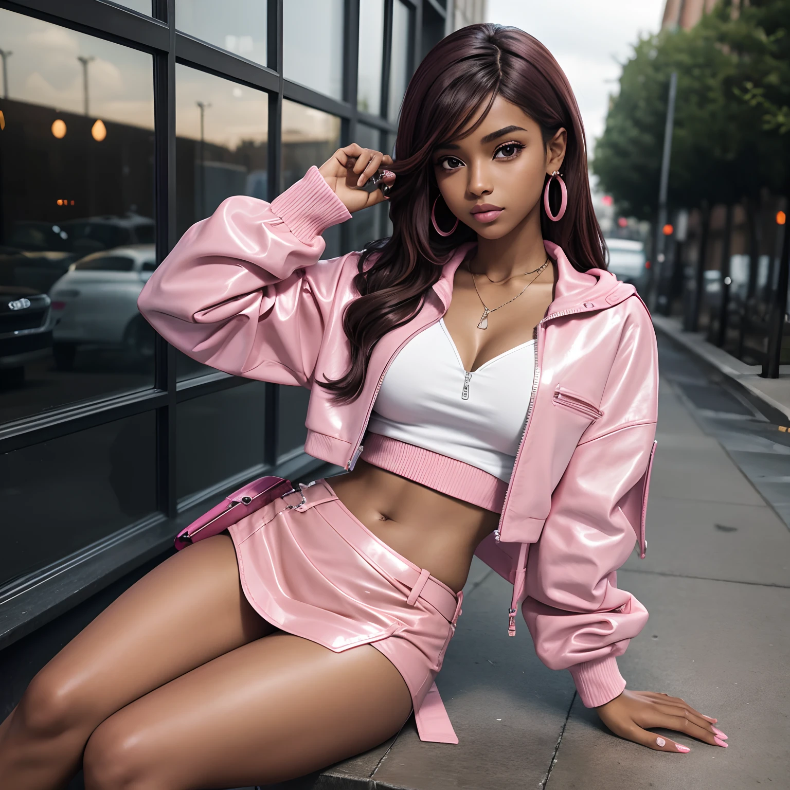 Fantasy style photo of a beautiful brown skinned age female. She had long pink acrylic nails, holding a stack of cash in one hand, and a bedazzled pink old school phone up to her ear in the other hand. She has lashes and lipgloss on. She is wearing a pink leather mini skirt with a white zip up crop top and strap up white heels. Her body is petite but curvy.