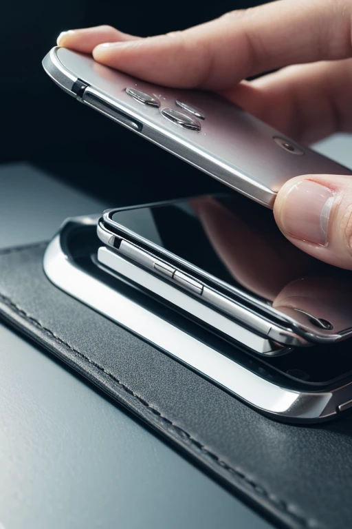 Phone close-up，the detail，mechanical sense，metalictexture，Gloss degree，Place the complete phone on the table