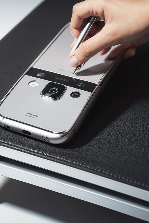 Phone close-up，the detail，mechanical sense，metalictexture，Gloss degree，Place the complete phone on the table