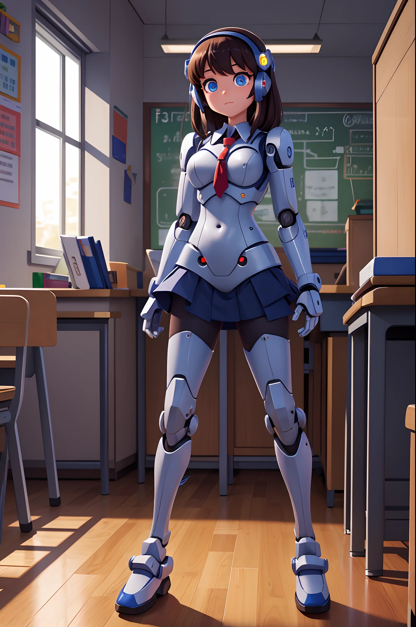 robot schoolgirl, class, classroom, school, robot joints, glowing eyes,