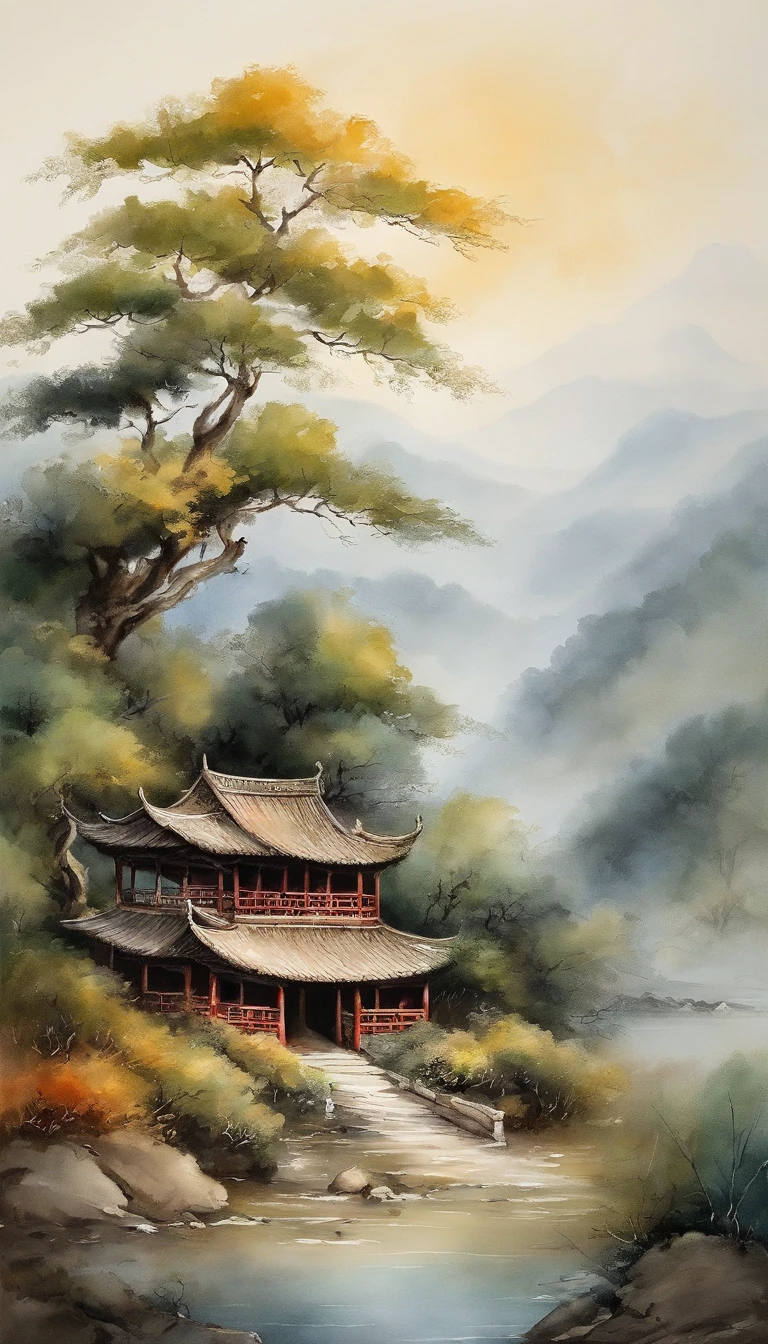 Quaint Han Dynasty style temple，（There was an ancient Chinese monk who sat and meditated（closeup cleavage）），（Meditate），zazen，age-old tree，falling leaf，（Chinese landscape painting style），（Pastel ink painting），（8k wallpaper），（light and shadow effect），rendering by octane，White balance design，Extremely detailed picture depiction，wide angles，depth of fields，tmasterpiece，realisticlying，Beautifully depicted，A detailed，acurate，Works of masters，tmasterpiece