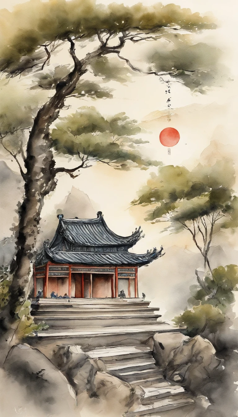 Quaint Han Dynasty style temple，（There was an ancient Chinese monk who sat and meditated（closeup cleavage）），（Meditate），zazen，age-old tree，falling leaf，（Chinese landscape painting style），（Pastel ink painting），（8k wallpaper），（light and shadow effect），rendering by octane，White balance design，Extremely detailed picture depiction，wide angles，depth of fields，tmasterpiece，realisticlying，Beautifully depicted，A detailed，acurate，Works of masters，tmasterpiece