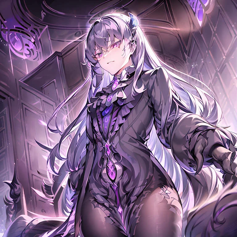 masterpiece, best quality, Neuvillette, ((1boy,Solo)),long hair,grey hair,multicolored hair,feather hair ornament, purple eyes, jewelry,ascot,long sleeves, shirt,gloves, black pants, (( Neuvillette Corrupted by Darkness)),(dark_persona_lora),(Gothic Attire)),demon
horns,wings