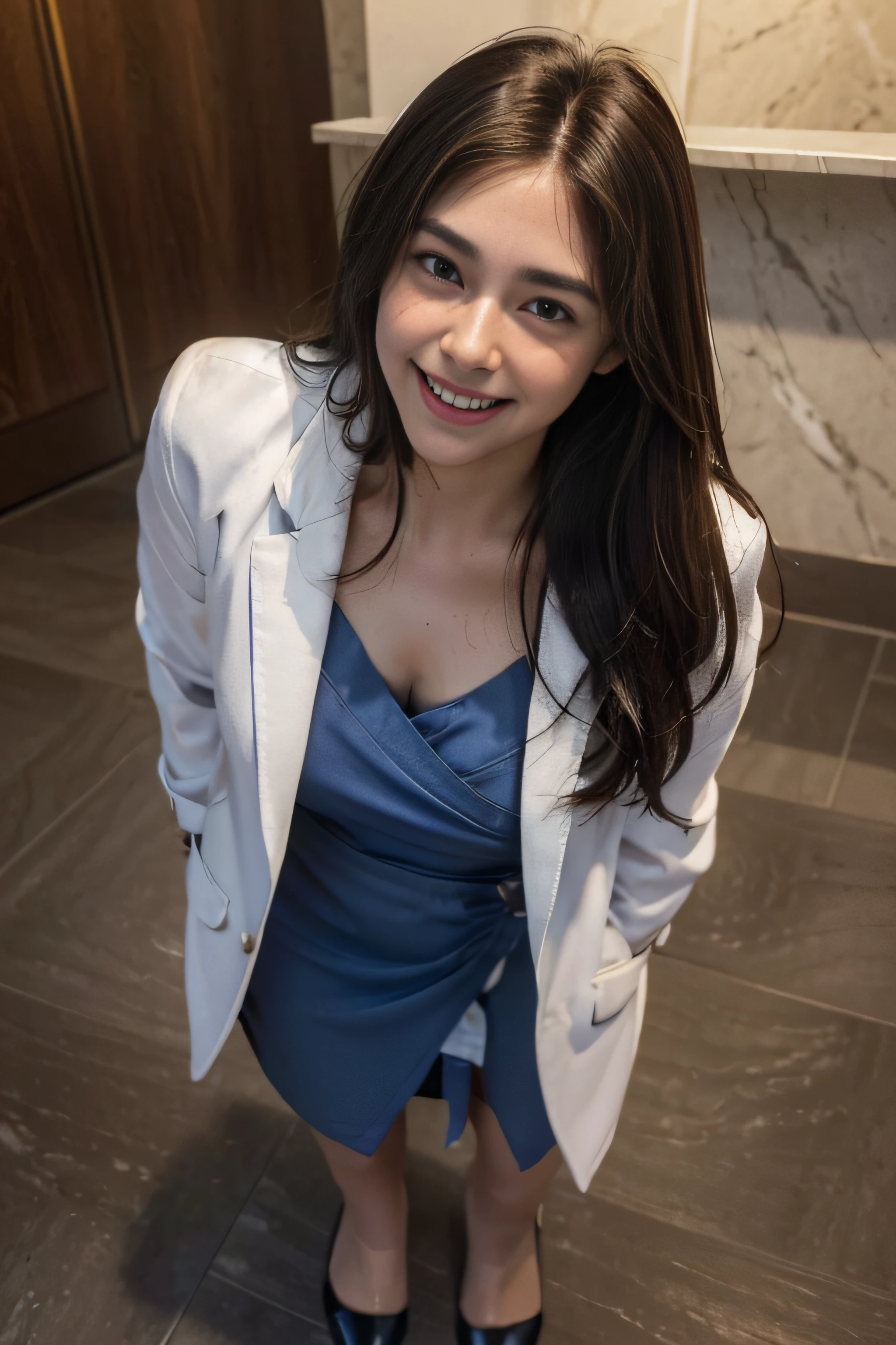 ((beautiful a girl:1.3))((Office Lady Uniform:1.4))((pantyshot:1.3))((Working)),((Blue Wrap Dress:1.3))((White jacket:1.2)) ((Waiting for people in the hotel lobby:1.3)) ((Thin_fabric:1.4)) ((Random sexy poses:1.3)) ((full of sweat:1.5))((with a flushed face:1.4)) ((Medium chest same:1.4)) ((close-up:1.2)) Best Quality,masutepiece,超A high resolution,(Photorealistic:1.4),Raw photo,(Authentic skin texture:1.3),(Film grain:1.3),the panorama,Character Portrait,Very Wide Shot,Narrow waist,Cowboy Shot,(In the Dark, deepshadow, lowkey, cold light,) Night,((Brown-colored super long hair:1.2)),Streaming Tears,,Dust,Tindall Effect,(expression),1girl in,beautiful detailed eyes and face,White Jabot,Brown eyes,((Full body:1.3)) ((Smile:1.3))