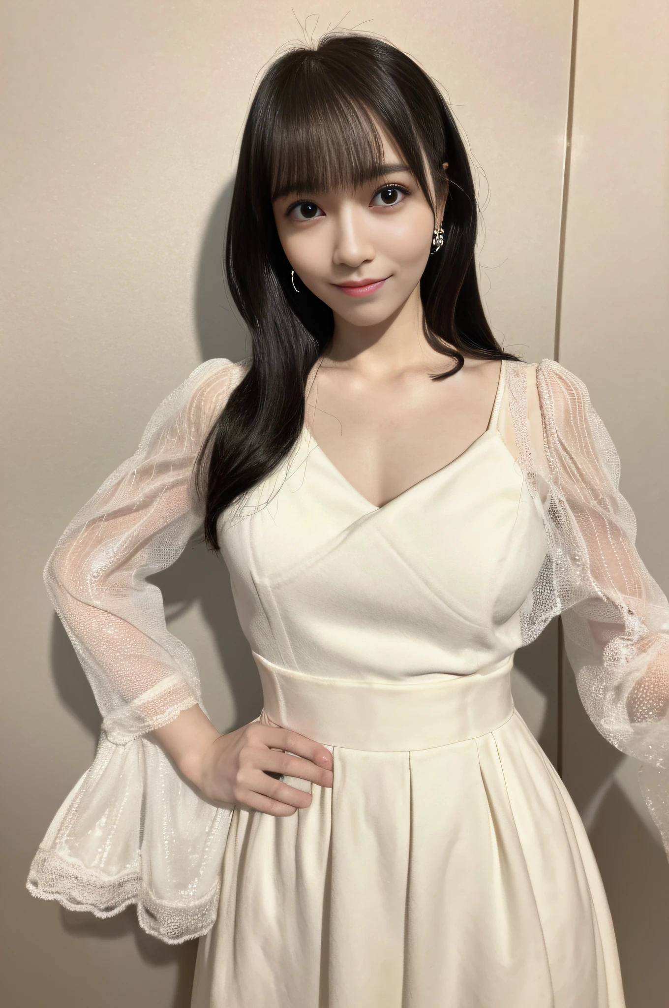 (8k, RAW photo, highest quality, masterpiece:1.2), ultra detail, ultra high resolution, (photorealistic, photorealistic photo:1.37), portrait, high detail RAW color photo, professional photo, extremely delicate and beautiful, extremely detailed, 8k wallpaper, amazing and detailed detail, huge file size, official art, highly detailed CG Unity 8k wallpaper, very detailed beautiful woman, very detailed face, very detailed eyes, very detailed skin,  Very detailed fingers, very detailed nose, very detailed mouth, perfect anatomy, very detailed background, very detailed clothes, 1girl, (25 years old:1.2), 20s, cute woman, realistic body, petite, fair skin, radiant skin, slender body, handsome body, black hair, short hair, (blunt bangs:1.2), smile, youth, realistic face, delicate eyes, drooping eyes, lingerie, see-through, earrings, viewer view, cowboy shot,  facing front, contraposto, dynamic lighting, very big breasts, cowboy shot, shadow, fashion show, show, dynamic pose