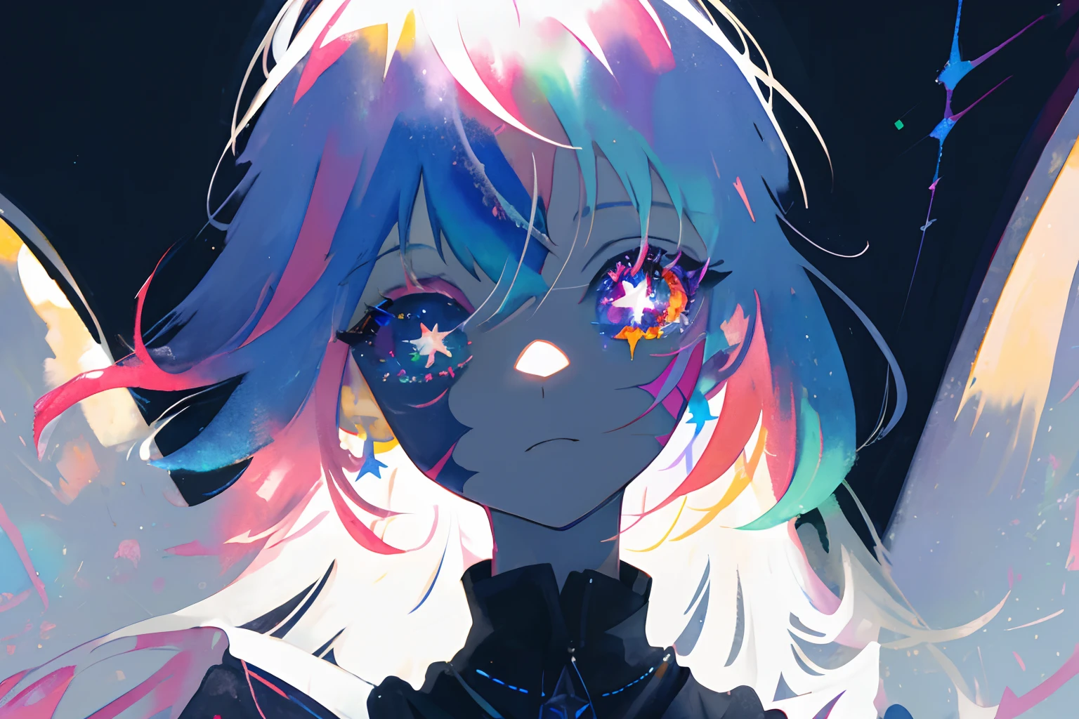 close-up, watercolor, vibrant, pastel, bright glowing pupils, big eyes, eyes, ((starry pupils)), marks on face, face tattoos, scars, contrast, high contrast, dark streaks,