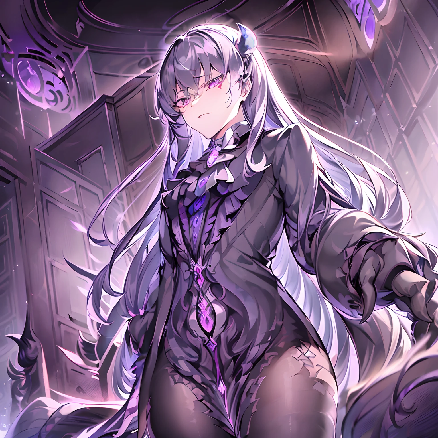 masterpiece, best quality, Neuvillette, ((1boy,Solo)),long hair,grey hair,multicolored hair,feather hair ornament, purple eyes, jewelry,ascot,long sleeves, shirt,gloves, black pants, (( Neuvillette Corrupted by Darkness)),(dark_persona_lora),(Gothic Attire)),demon
horns,wings