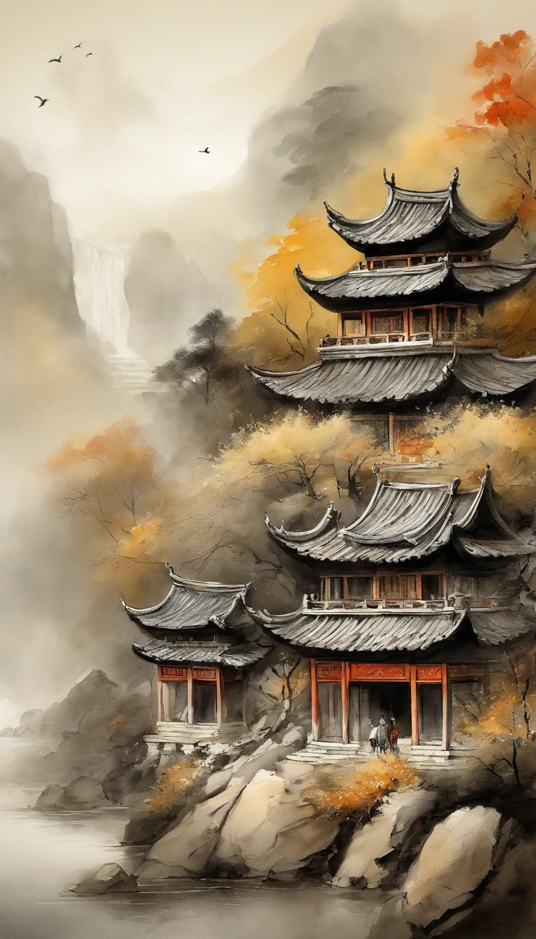 A quaint Han Dynasty style temple，A monk meditates in front of a monastery（closeup cleavage），Sit and meditate，Practice Zen，pagoda，grassy，tree，florals，The bird，Autumn view，the setting sun，（Chinese landscape painting），（ink and watercolor painting），（8k wallpaper），（light and shadow effect），rendering by octane，White balance design，Extremely detailed picture depiction，wide angles，depth of fields，tmasterpiece，realisticlying，Beautifully depicted，A detailed，acurate，Works of masters，tmasterpiece