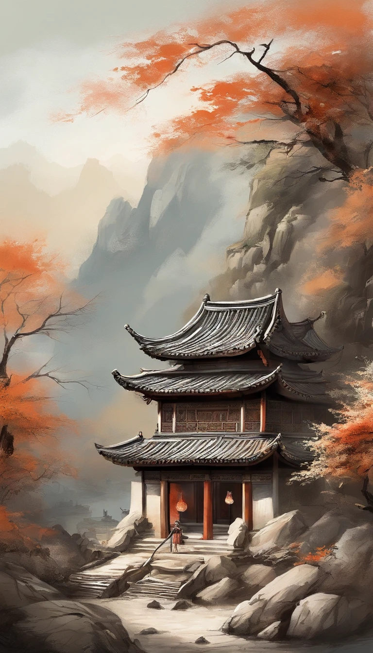 Quaint Han Dynasty style temple,(There was an ancient Chinese monk who sat and meditated(closeup cleavage)),(Meditate),zazen,age-old tree,falling leaf,(Chinese landscape painting style),(Pastel ink painting),(8k wallpaper),(light and shadow effect),rendering by octane,White balance design,Extremely detailed picture depiction,wide angles,depth of fields,tmasterpiece,realisticlying,Beautifully depicted,A detailed,acurate,Works of masters,tmasterpiece