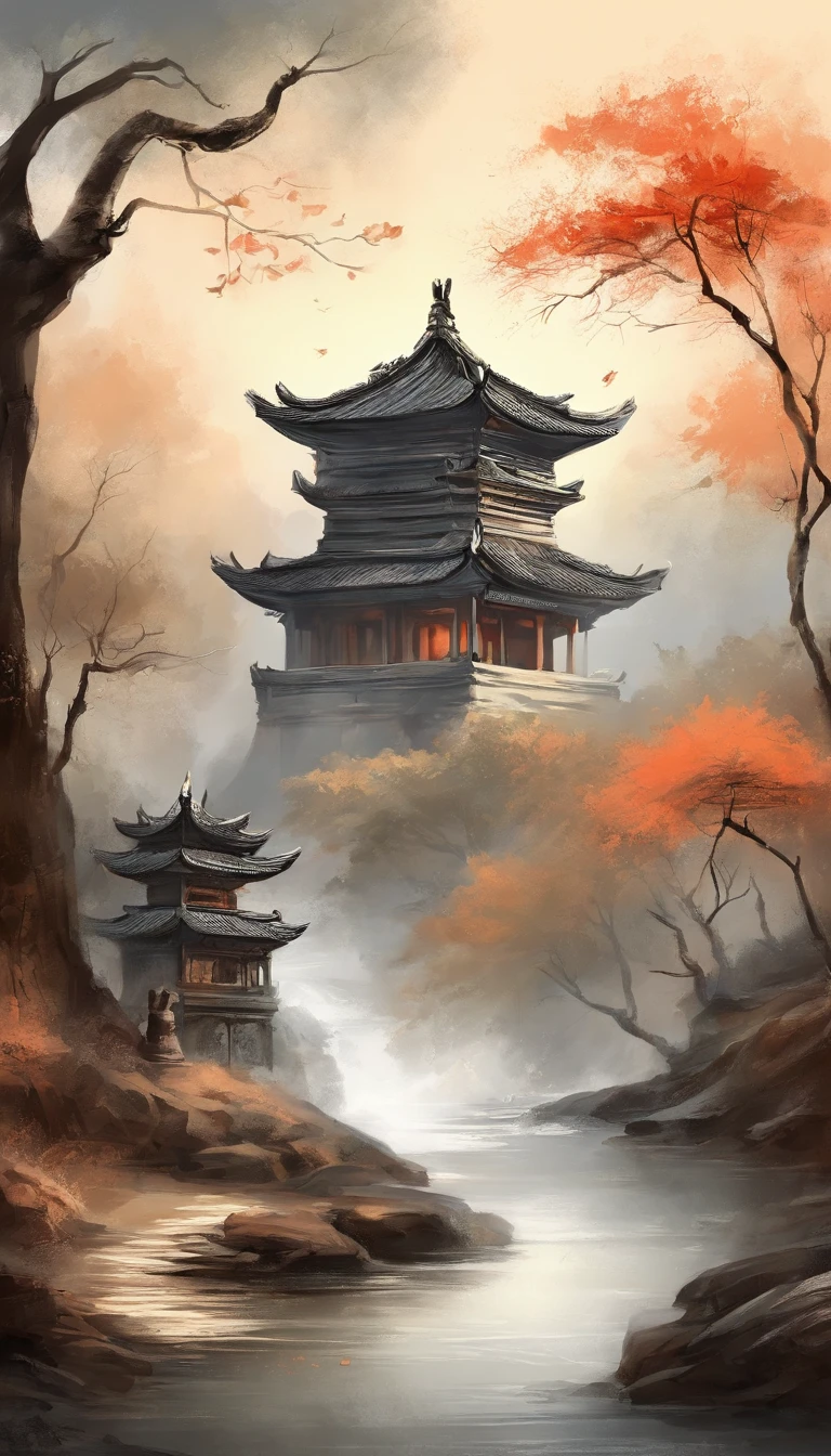 Quaint Han Dynasty style temple，（There was an ancient Chinese monk who sat and meditated（closeup cleavage）），（Meditate），zazen，age-old tree，falling leaf，（Chinese landscape painting style），（Pastel ink painting），（8k wallpaper），（light and shadow effect），rendering by octane，White balance design，Extremely detailed picture depiction，wide angles，depth of fields，tmasterpiece，realisticlying，Beautifully depicted，A detailed，acurate，Works of masters，tmasterpiece