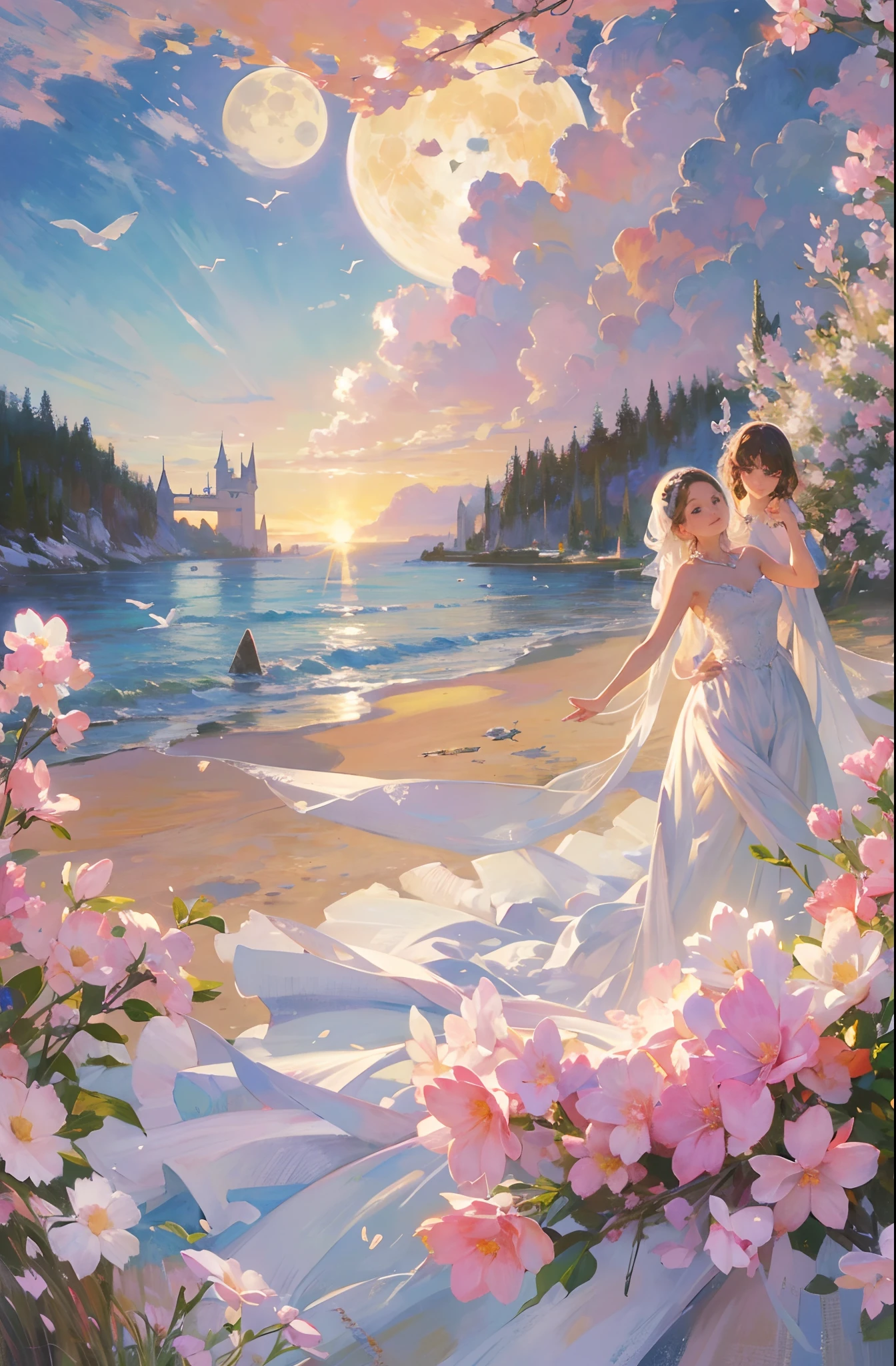 Castle, Flowers, delicate scene, sky, White clouds, and sunlight shine on the snow-white beach. Birds, Pink flowers and bright large shells, diamond crystal, On the beach, fantasy, Night sky, Moon, Smoke, Fire, Photo, HD, 8K, hyper HD, Super detail, High quality, 1080p,(Monet, Impresionismo, Oil painting), A01,,,