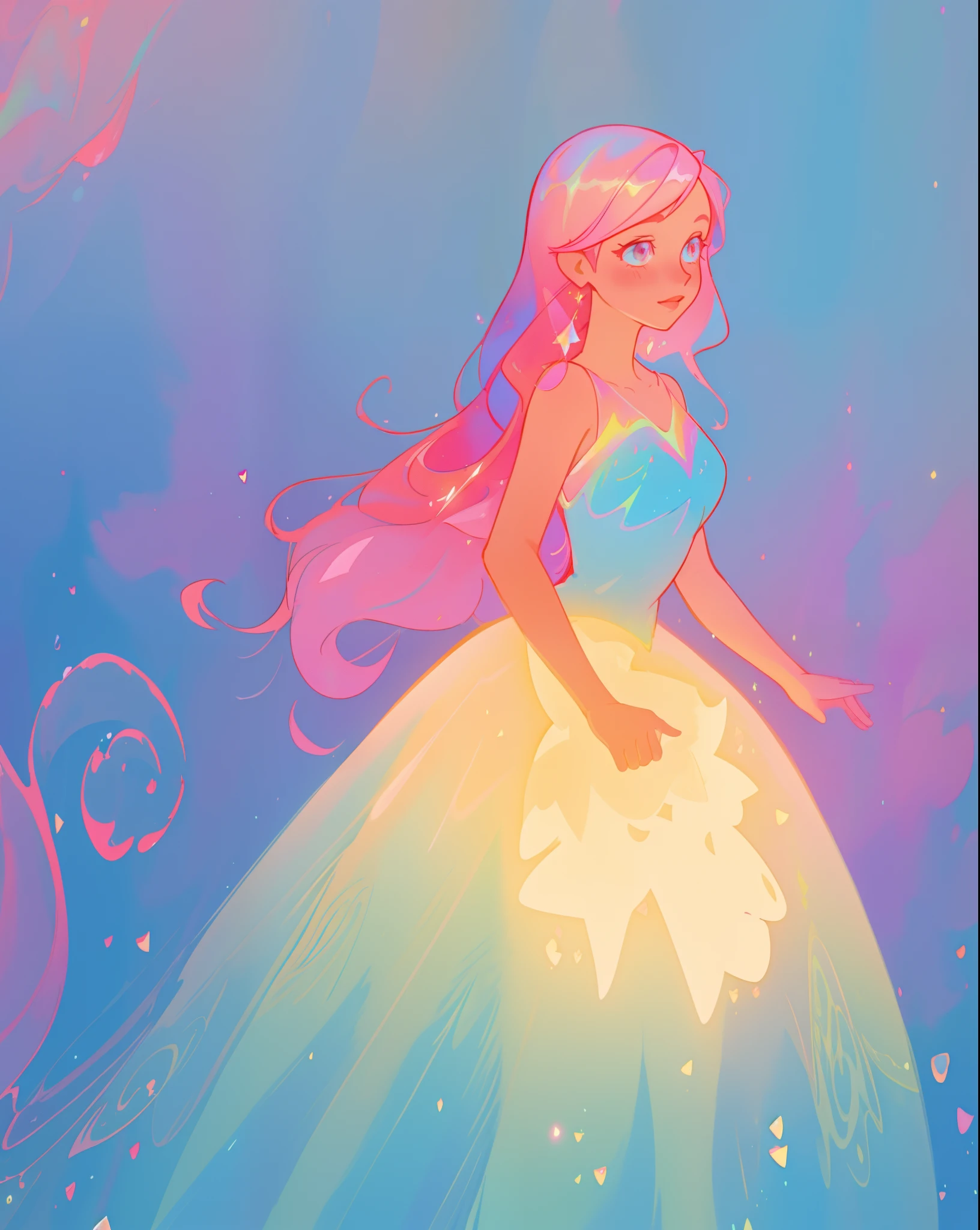 beautiful girl in sparkling gradient ballgown, long wavy peach pink hair, vibrant pastel colors, (colorful), colorful watercolor background, ethereal, magical lights, sparkling liquid light, inspired by Glen Keane, inspired by Lois van Baarle, disney art style, by Lois van Baarle, glowing aura around her, by Glen Keane, jen bartel, glowing lights! digital painting, flowing glowing hair, glowing flowing hair, beautiful digital illustration, fantasia background, whimsical, magical, fantasy, beautiful face, ((masterpiece, best quality)), intricate details, highly detailed, sharp focus, 8k resolution, sparkling detailed eyes, liquid watercolor