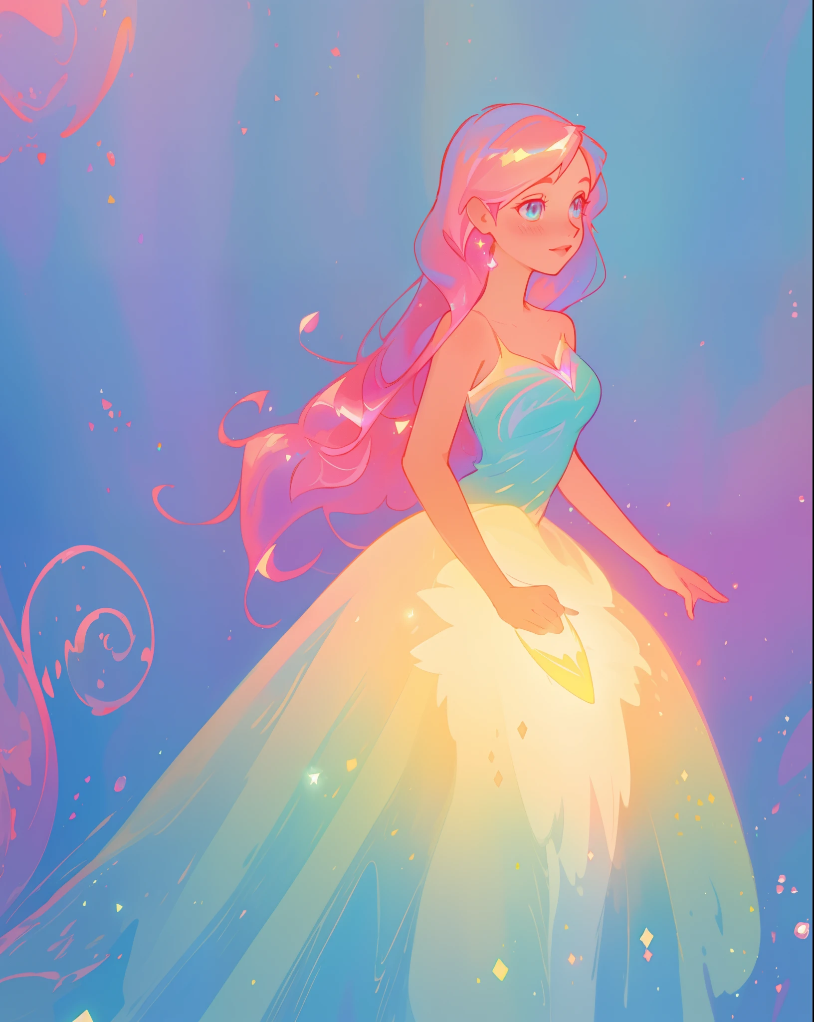 beautiful girl in sparkling gradient ballgown, long wavy peach pink hair, vibrant pastel colors, (colorful), colorful watercolor background, ethereal, magical lights, sparkling liquid light, inspired by Glen Keane, inspired by Lois van Baarle, disney art style, by Lois van Baarle, glowing aura around her, by Glen Keane, jen bartel, glowing lights! digital painting, flowing glowing hair, glowing flowing hair, beautiful digital illustration, fantasia background, whimsical, magical, fantasy, beautiful face, ((masterpiece, best quality)), intricate details, highly detailed, sharp focus, 8k resolution, sparkling detailed eyes, liquid watercolor