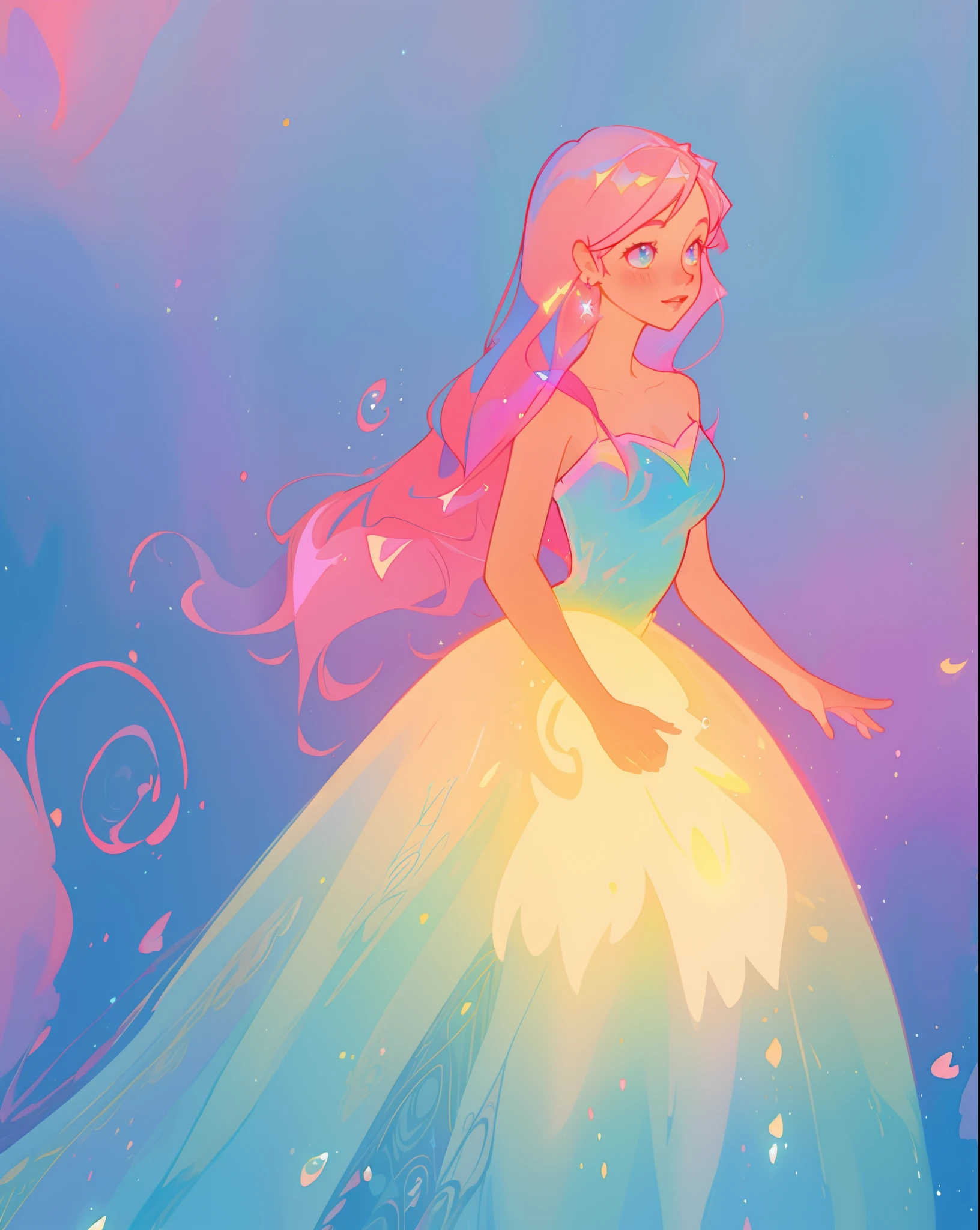 beautiful girl in sparkling gradient ballgown, long wavy peach pink hair, vibrant pastel colors, (colorful), colorful watercolor background, ethereal, magical lights, sparkling liquid light, inspired by Glen Keane, inspired by Lois van Baarle, disney art style, by Lois van Baarle, glowing aura around her, by Glen Keane, jen bartel, glowing lights! digital painting, flowing glowing hair, glowing flowing hair, beautiful digital illustration, fantasia background, whimsical, magical, fantasy, beautiful face, ((masterpiece, best quality)), intricate details, highly detailed, sharp focus, 8k resolution, sparkling detailed eyes, liquid watercolor