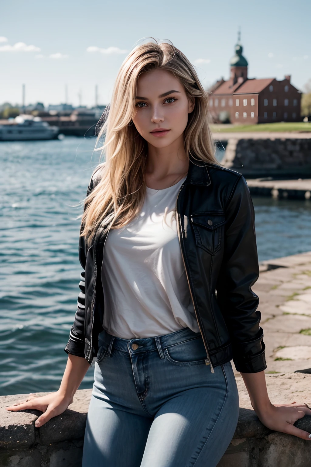 (group picture, multiple females, 3 Swedish American women)), full body:1.3, fullbodyesbian, (she's licking lollipop:1.3) , she is a gorgeous beauty looking at us,((Suomenlinna, sea fortress in Helsinki,)), (everyone wears effortlessly cool denim jeans, jackets, eclectic styles, shirts,), exterior Koli park, one looks at us, realistic photo, (40% of photo is black in drawing:1.4), she's has an (eye contact:0.3) skill , (she wears luxury watch on wrist, smells amazing, ).(wearing matte grey leggings, denim jacket with fashion tshirt) and is intensely looking at camera, (flirty look:0.9) beautiful face, (lovely warm smile, dimples), intense presence, masterpiece, obsessively detailed group, cozy relaxed, catching us, beautiful hands, kind eyes, gorgeous, incredible details, ((high contrast)), (deep, darkest shadows), (shadow details:1.0), ((taken using Leica camera, aperture: f/2.3)) , hyper-realistic skin, pores, scar, mole, (she has short blonde hair, flowy, highlights), smokey eye makeup,, her arms relaxed , relaxed moment, she's in dark with natural light glow, (romantic light:1.2), radiant skin, perfectly framed face, perfect relaxed hands, perfect fingers, (perfect portrait, incredible eyes:1.1), a work of art,sexy beautiful composition, golden ratio, inspiring, (highest quality fabric texture), every detail,Fine facial features – (Highest Quality) ,Leica camera film, High quality ○○ detailed – ○○ details ultra detailed(Ultra-fine ), Photorealistic, Extremely detailed(Extremely detailed) , (highest detail image, lens flare, realistic)○○ res – ○○ resolution ultra high res(A high resolution),playful relaxed photos