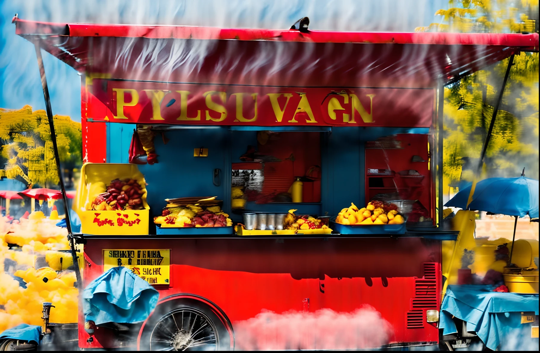 there is a red and yellow food cart with a blue umbrella, puyallup berteronian, trailer, food stall, full figure, seen from outside, high quality, full-figure, yellow awning