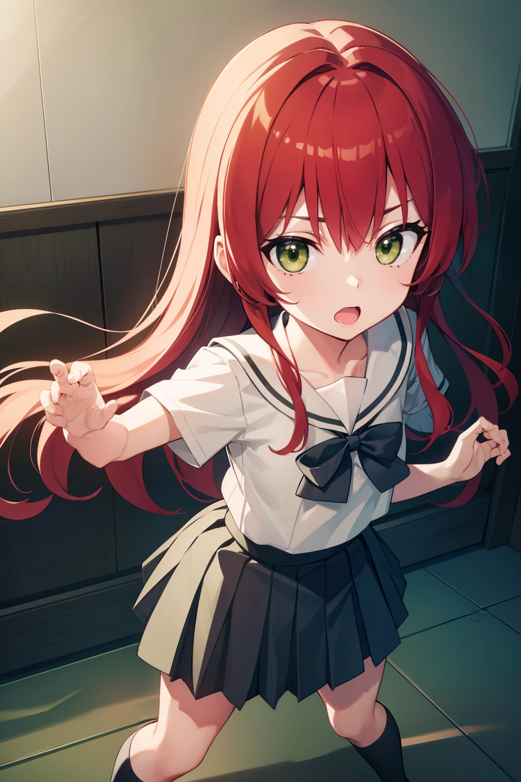 kitaikuyo, ikuyo kita, (green eyes:1.5), hair between eyes, long hair, one side up, red hair, (flat chest:1.2),
BREAK black footwear, black skirt, grey sailor collar, pleated skirt, sailor collar, school uniform, shoes, short sleeves, shuka high school uniform, skirt,,
BREAK looking at viewer,
BREAK indoors, classroom,
BREAK (masterpiece:1.2), best quality, high resolution, unity 8k wallpaper, (illustration:0.8), (beautiful detailed eyes:1.6), extremely detailed face, perfect lighting, extremely detailed CG, (perfect hands, perfect anatomy),up chest.big breasts.Sad face.fighting stance.look from above.open mouth.