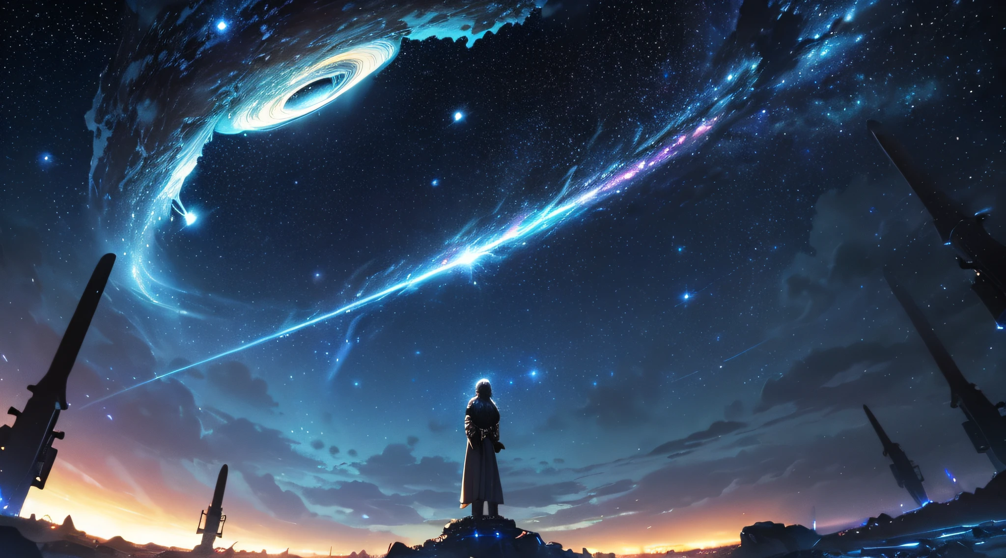 masterpiece、Background with((Fantastic starry sky、kosmos、Meteor swarm、black hole、Irridescent color))、Depth((Luminescent planets))、Looking up