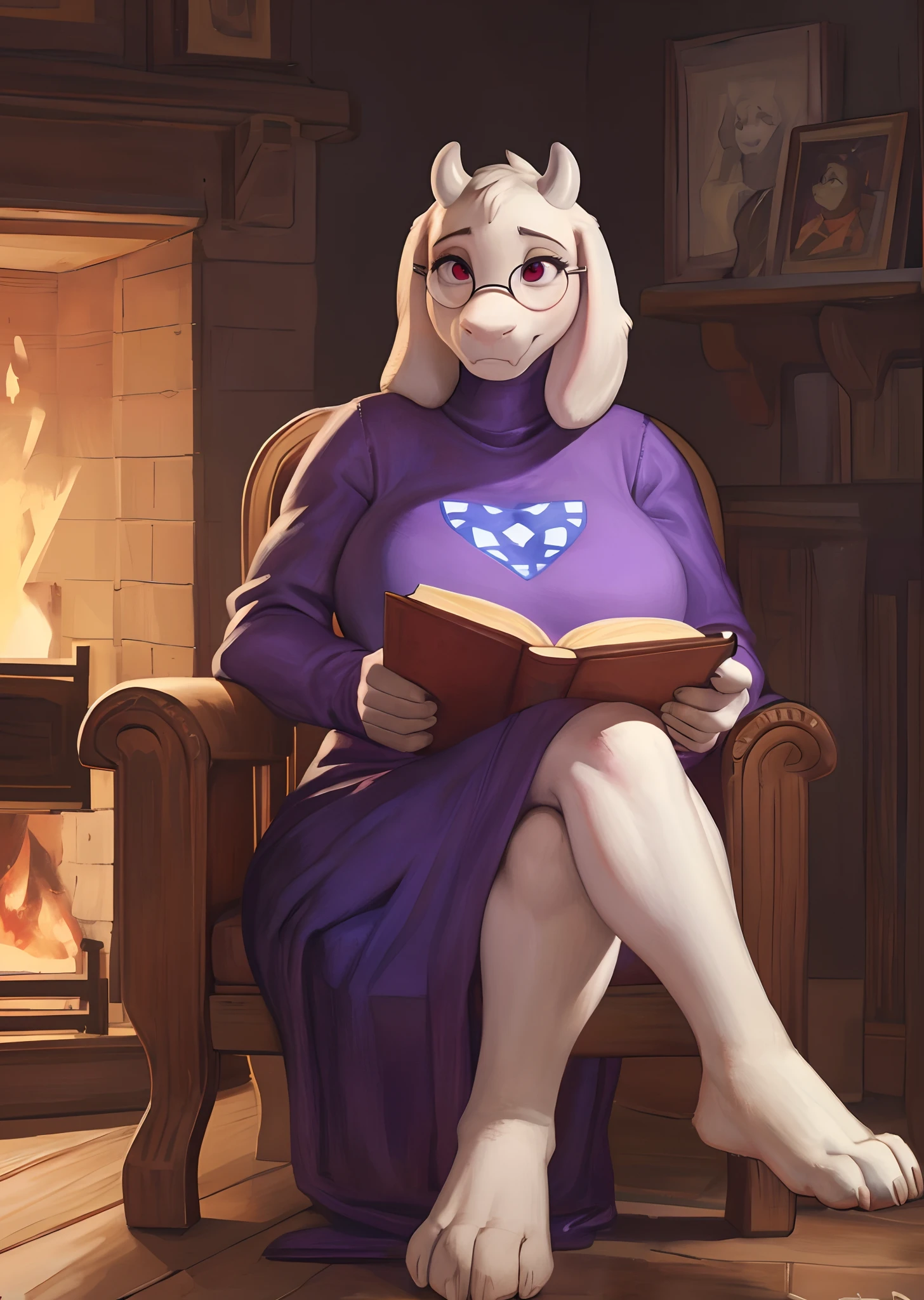 [toriel], [Undertale], [Uploaded to e621.net; (Pixelsketcher), (wamudraws), (woolrool)], ((masterpiece)), ((HD)), ((high quality)), ((solo portrait)), ((front view)), ((feet visible)), ((furry; anthro)), ((detailed fur)), ((detailed shading)), ((beautiful render art)), ((intricate details)), {anthro goat; white fur, white nose, cute maroon eyes, (short eyelashes), (short goat antlers), short fluffy tail, (large boobs), (gorgeous hips), (beautiful feet), (expressionless)}, {(purple dress), (long white sleeves), (white rune on chest), (round glasses on face)}, {(sitting in rocking chair), (legs crossed), (reading book), (looking down)}, [background; (living room), (yellow walls), (orange wood floor), (fireplace), (ambient lighting)]