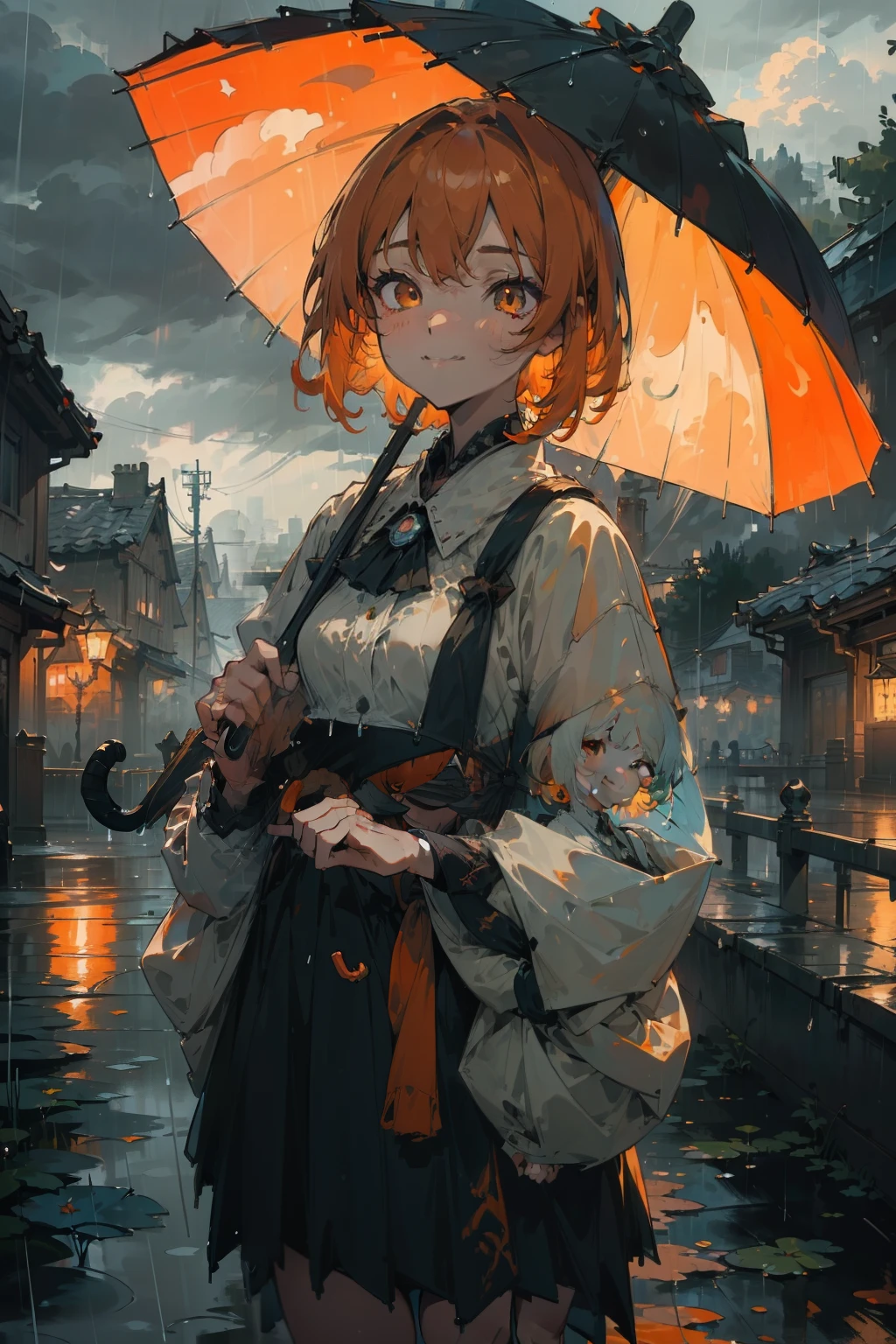 (Masterpiece:1.3, best quality:1.5, ultra-detailed:1.4,4k,HiRes), (impressionism:1.3),1girl, solo, orange hair, short hair, shoulder-length hair, straight hair, orange eyes, round eyes, street fashion, ((raining)), in the night, ((cloudy)), dark, seeing a viewer, holding an umbrella, ((((handing over an umbrella)))), ((((put one's hand forward)))), in the staris, in the rain, ((dark clouds)), ((detail face)), ((a cold smile)), (((looking straight ahead)))