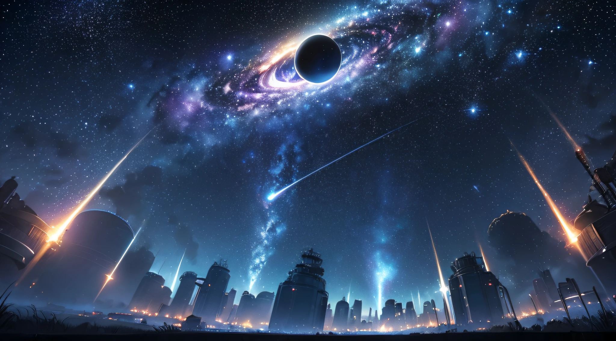 masterpiece、Background with((Fantastic starry sky、kosmos、Meteor swarm、black hole、Irridescent color))、Depth((Luminescent planets))、Looking up