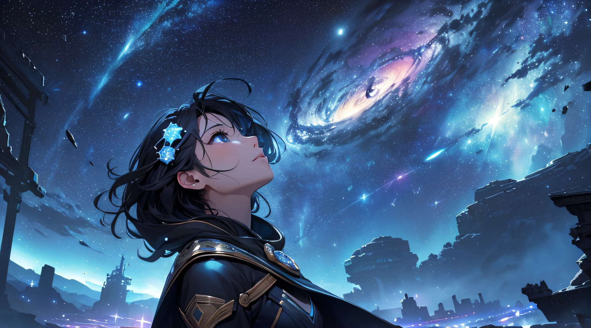masterpiece、Background with((Fantastic starry sky、kosmos、Meteor swarm、black hole、Irridescent color))、Depth((Luminescent planets))、a beauty girl、Looking up