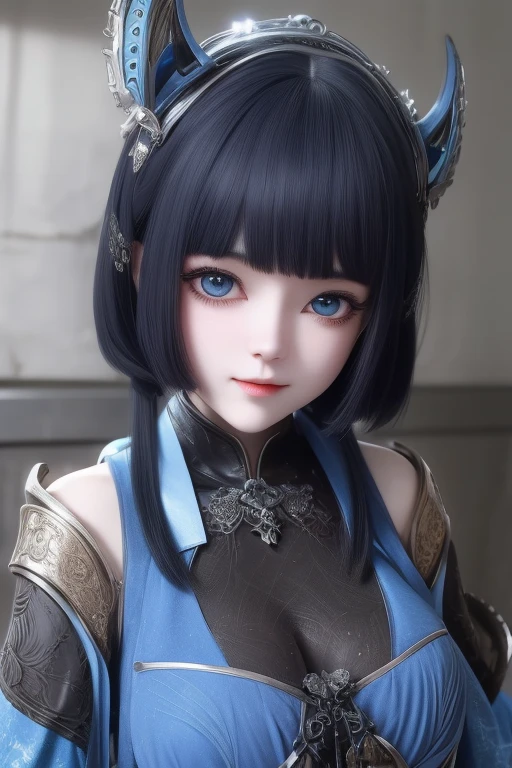 Wear antique clothes，black color hair，blue color eyes，loli face，