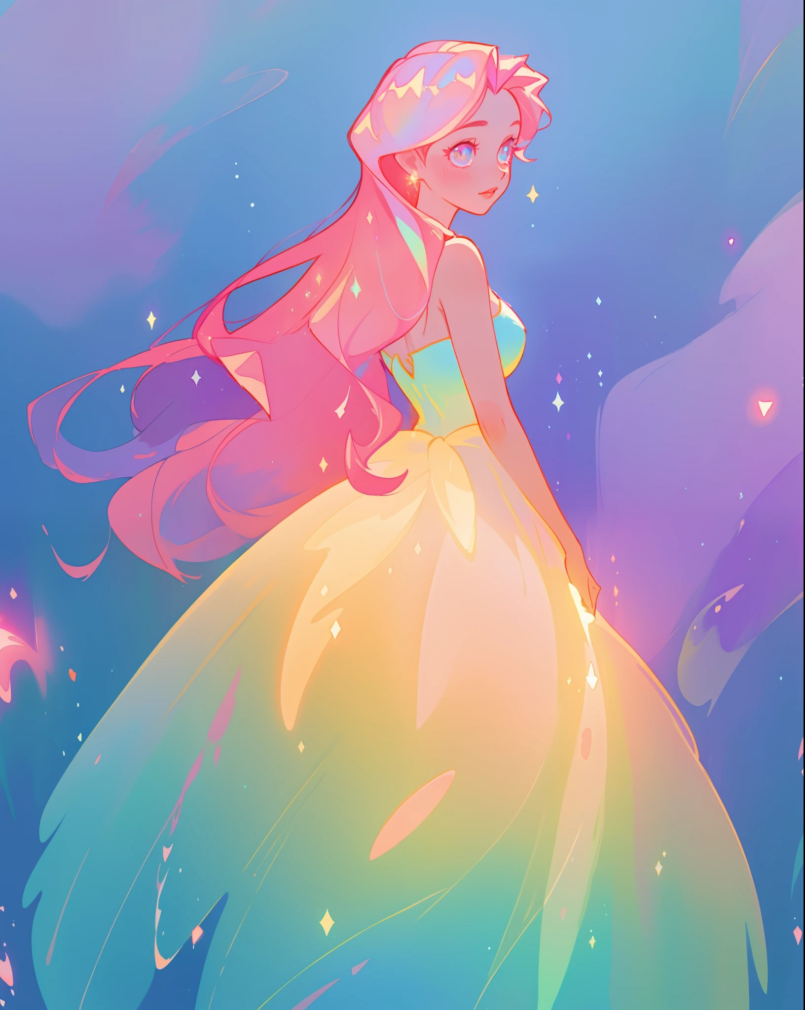 beautiful girl in sparkling gradient ballgown, long wavy peach pink hair, vibrant pastel colors, (colorful), colorful watercolor background, ethereal, magical lights, sparkling liquid light, inspired by Glen Keane, inspired by Lois van Baarle, disney art style, by Lois van Baarle, glowing aura around her, by Glen Keane, jen bartel, glowing lights! digital painting, flowing glowing hair, glowing flowing hair, beautiful digital illustration, fantasia background, whimsical, magical, fantasy, beautiful face, ((masterpiece, best quality)), intricate details, highly detailed, sharp focus, 8k resolution, sparkling detailed eyes, liquid watercolor