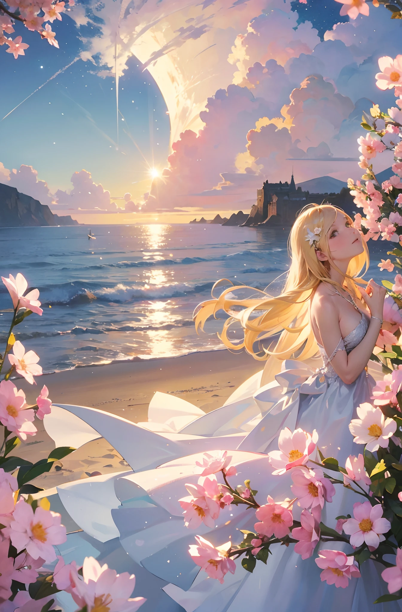 (Need,tmasterpiece),1girl,pose,Particle,ventania,florals,The upper part of the body,simplebackground,looking at viewert,Focus on the face,blond hairbl,Back,Turning Head,Correct anatomy,Detailed face, Detailed eyes,Castle, Flowers, delicate scene, sky, White clouds, and sunlight shine on the snow-white beach. Birds, Pink flowers and bright large shells, diamond crystal, On the beach, fantasy, Night sky, Moon, Smoke, Fire, Photo, HD, 8K, hyper HD, Super detail, High quality, A02,,,