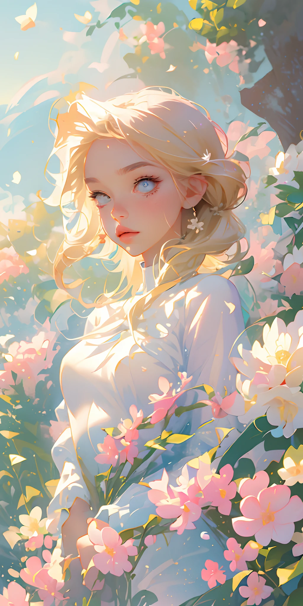 (best quality, masterpiece), 1girl, pose, particle, wind, flower, upper body, simple background, looking at viewer, focus on face, blonde,