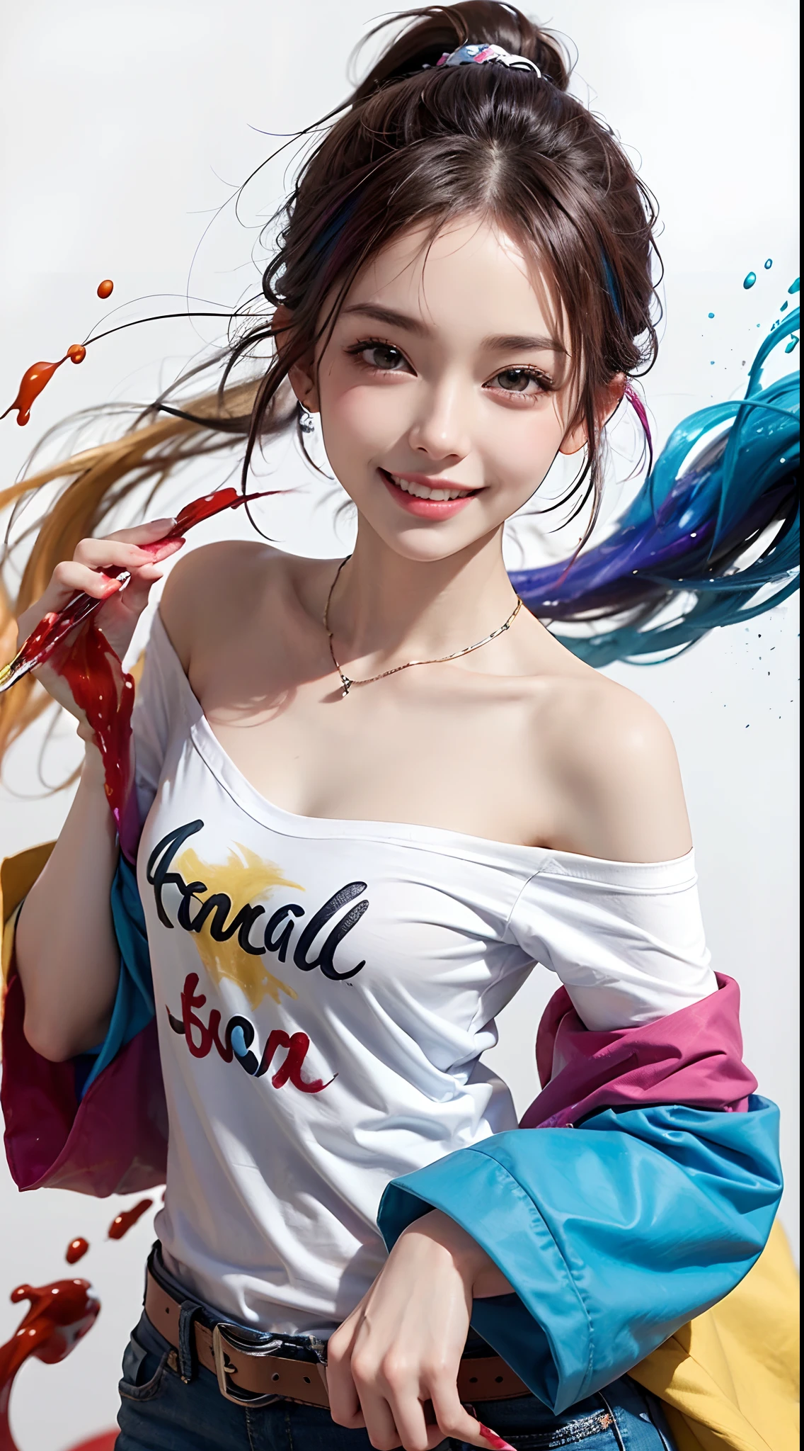 (solid background with vivid colored acrylic paint splashes:1.3), 1girl, (hair dyed with multiple colors, ponytail hair), (small fresh, wipe chest), (white off-shoulder fashion T-shirt), (), (Highest Image Quality, Masterpiece), (lovely smile, excited), (sometimes hold a cat in her arms:0.6), dynamic pose