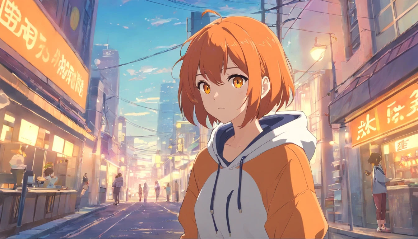 masterpiece、top-quality、1 female、Orange hair、Big ass、yellow eyes、a short bob、Lori、Cycle Pants、Orange Hoodie(Spark:0.7)
