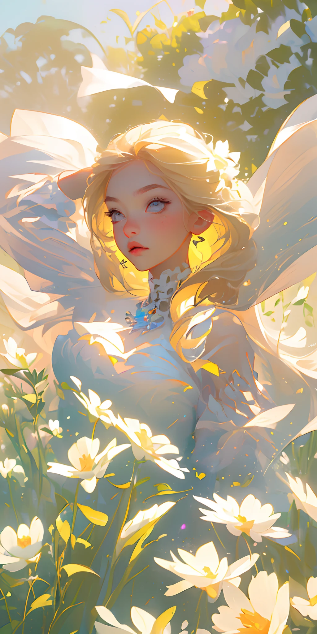 (best quality, masterpiece), 1girl, pose, particle, wind, flower, upper body, simple background, looking at viewer, focus on face, blonde,