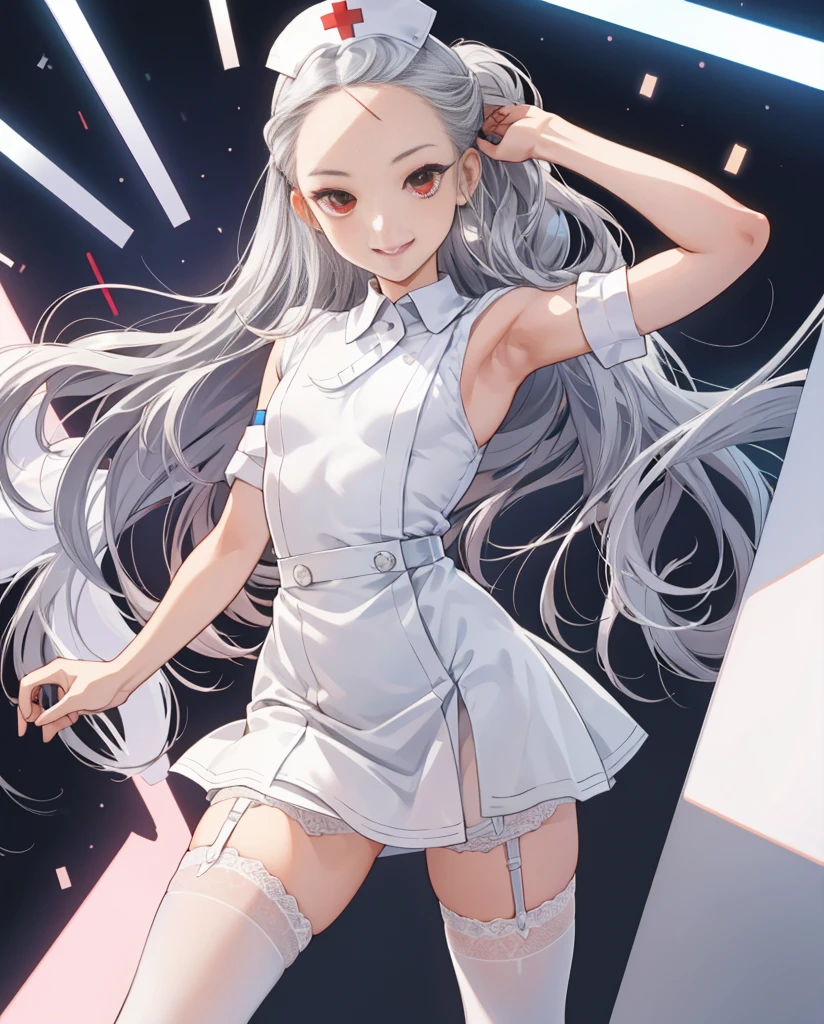 16 K,{{{masutepiece}}}, {{{Best Quality}}}, {{Ultra-detailed}}, {Illustration}, {{extremely delicate and beautiful}},
((1 girl I want )), (((Corners of the forehead+++))), (()), ((Red Eye)), Very smile, Full body, Small breasts,  ((Silver long hair)), (with arms up), Armpit focus, ((((Very open stance+++)))),curvy body, ((White nurse)), ((White Nurse Dresswear+++)), ((((())))), (((White garter belt))),Hospital Room