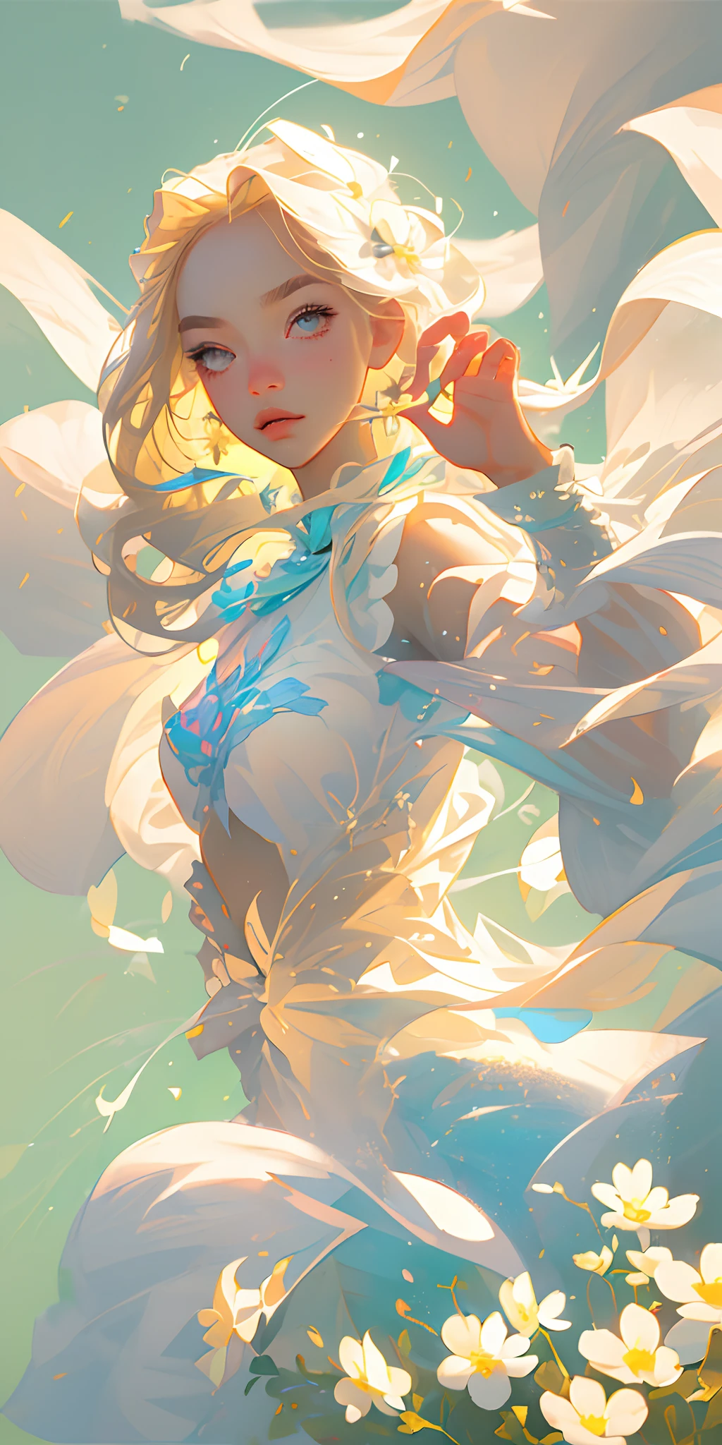 (Need,tmasterpiece),1girl,pose,Particle,ventania,florals,The upper part of the body,simplebackground,looking at viewert,Focus on the face,blond hairbl,Back,Turning Head,Correct anatomy,Detailed face, Detailed eyes,