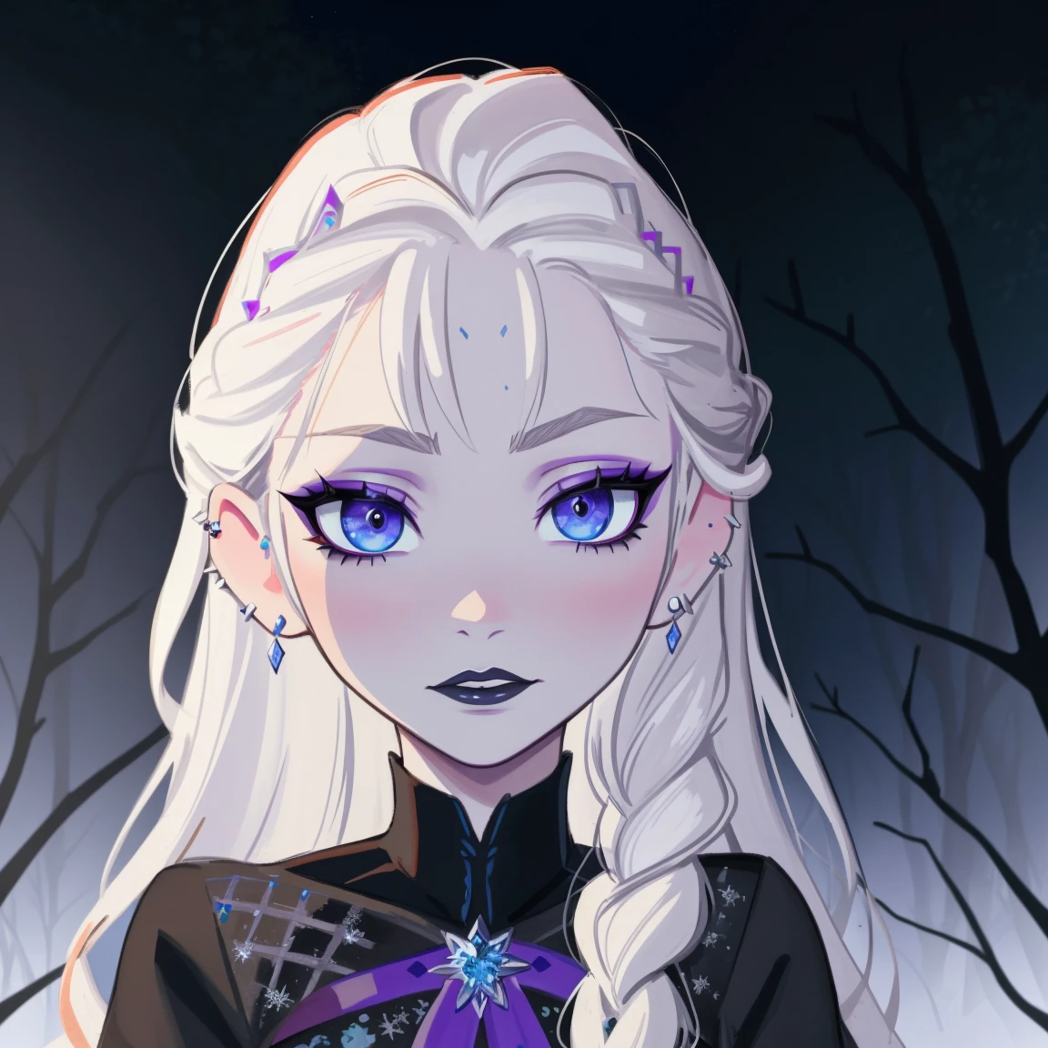 Elsa of arendelle, goth girl, autumn forest background, detailed, detailed, detailed, beautiful, braid, detail, goth girl, masterpiece, Elsa dresss, dark night background, gothic, goth, goth, detailed, goth girl, piercings, detailed face, looking viewer, Elsa, (Dark eye shadow) dark eye shadow, black eye shadow,