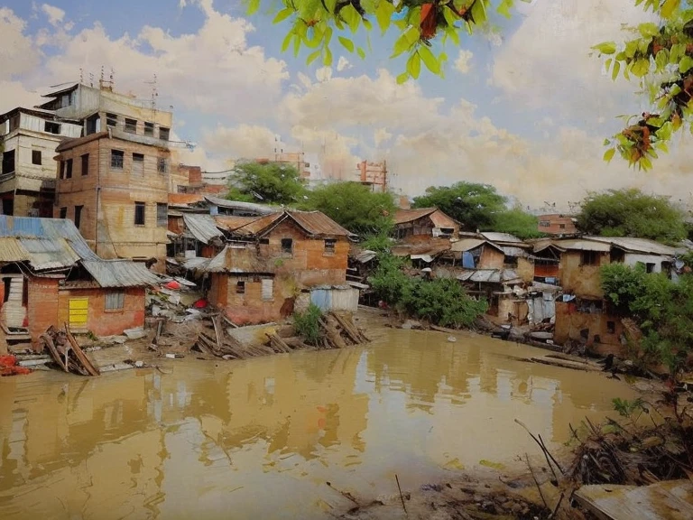 Buildings along the river,There are several ships in the water, building along a river, mud and brick houses, the neat and dense buildings, poor buildings, Some houses in the background, Buildings in the distance, favela, urban view in the distance, background is a slum, Chinese village, Dilapidated houses, rustic, beside a river, around the city