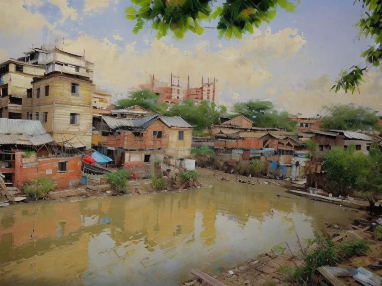 arafly shot of a river with a lot of houses on the shore, floating buildings, slum, by Saurabh Jethani, by Luis Molinari, by Richard Carline, by Bernardino Mei, shutterstock, india, shanty townships, shanty town, slums, taken at golden hour, by Ahmed Karahisari