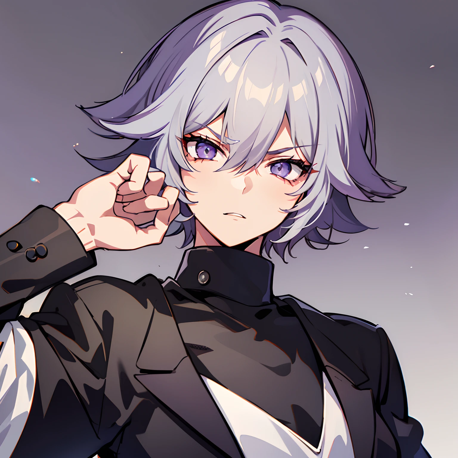 One androgynous character, medium to short hair, stylish, serious, beautiful face, sharp features, modern clothes, femboy, tomboy, wolfcut haircut.