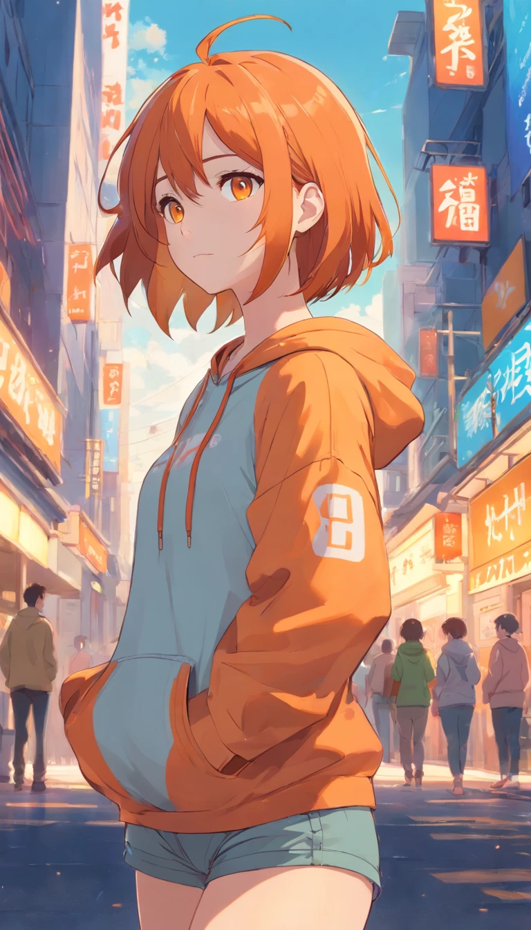A woman in a hoodie stands in the middle of a busy street - SeaArt AI