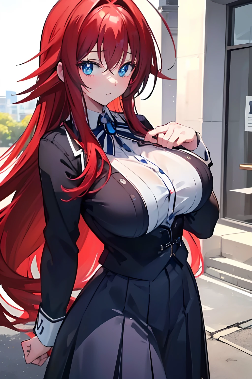 masterpiece, best quality, 1girl, long hair, looking at viewer, :3, cute, black school uniform, outdoors, streets, cowboy shot, large breasts, curvy, (((blue eyes))), rias gremory, red hair, antenna hair, wavy hair, ((beautiful detailed eyes, beautiful detailed glow, lots of glow)), anime screencap,