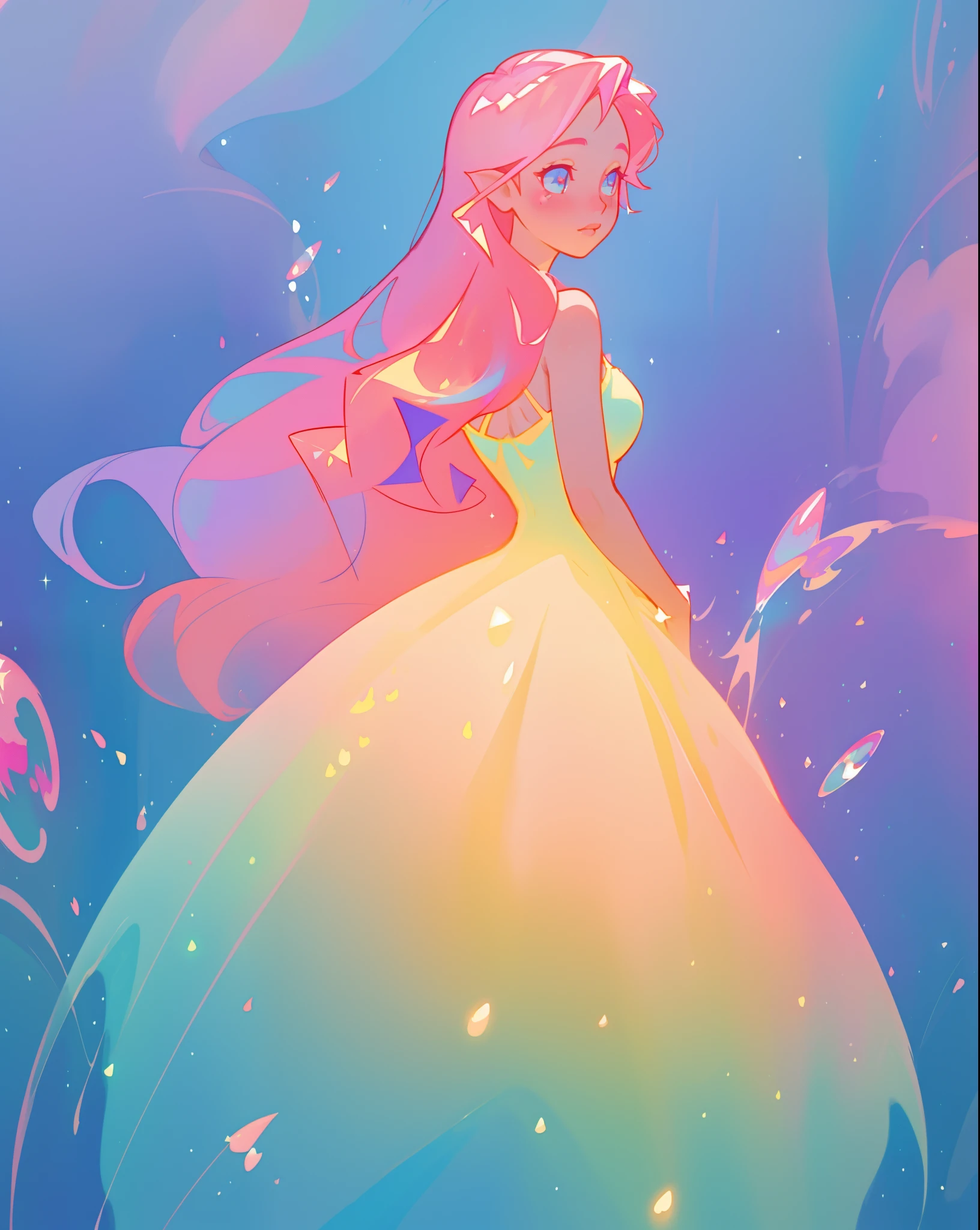 beautiful girl in sparkling gradient ballgown, long wavy peach pink hair, vibrant pastel colors, (colorful), colorful watercolor background, ethereal, magical lights, sparkling liquid light, inspired by Glen Keane, inspired by Lois van Baarle, disney art style, by Lois van Baarle, glowing aura around her, by Glen Keane, jen bartel, glowing lights! digital painting, flowing glowing hair, glowing flowing hair, beautiful digital illustration, fantasia background, whimsical, magical, fantasy, beautiful face, ((masterpiece, best quality)), intricate details, highly detailed, sharp focus, 8k resolution, sparkling detailed eyes, liquid watercolor