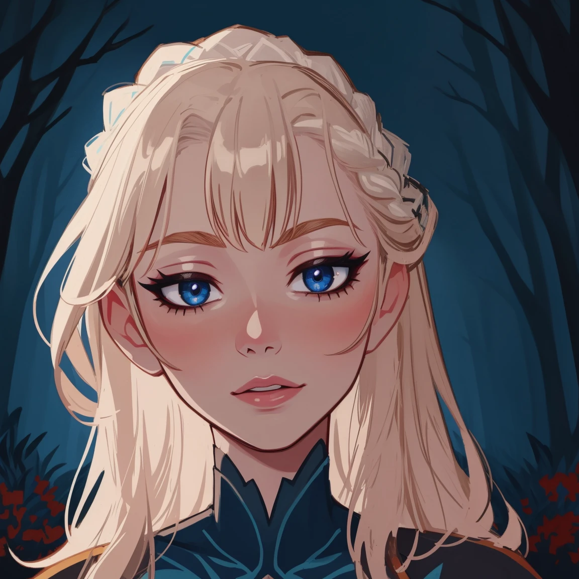 Elsa of arendelle, autumn forest background, detailed, detailed, detailed, beautiful, detail, masterpiece, Elsa dresss, dark night background, detaile detailed face, looking viewer, Elsa, (Dark eye shadow) dark eye shadow, black eye shadow,