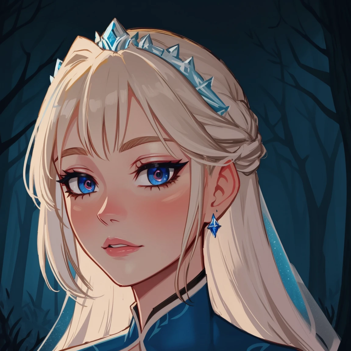 Elsa of arendelle, autumn forest background, detailed, detailed, detailed, beautiful, detail, masterpiece, Elsa dresss, dark night background, detaile detailed face, looking viewer, Elsa, (Dark eye shadow) dark eye shadow, black eye shadow,