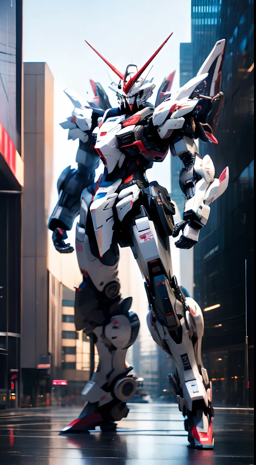 Gundam、Full body like、No back equipment、realisitic、Dual Eye、Facing the front、Lines of simple、White the&Silver Body、Chemical、realisticlying、Giant Robo、Standing between buildings、kabuki、